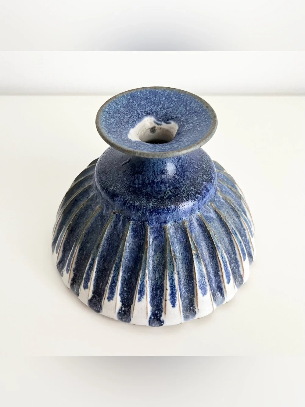 Handmade Studio Pottery Ceramic Bud Vase Blue White Ribbed Boho Organic Unique